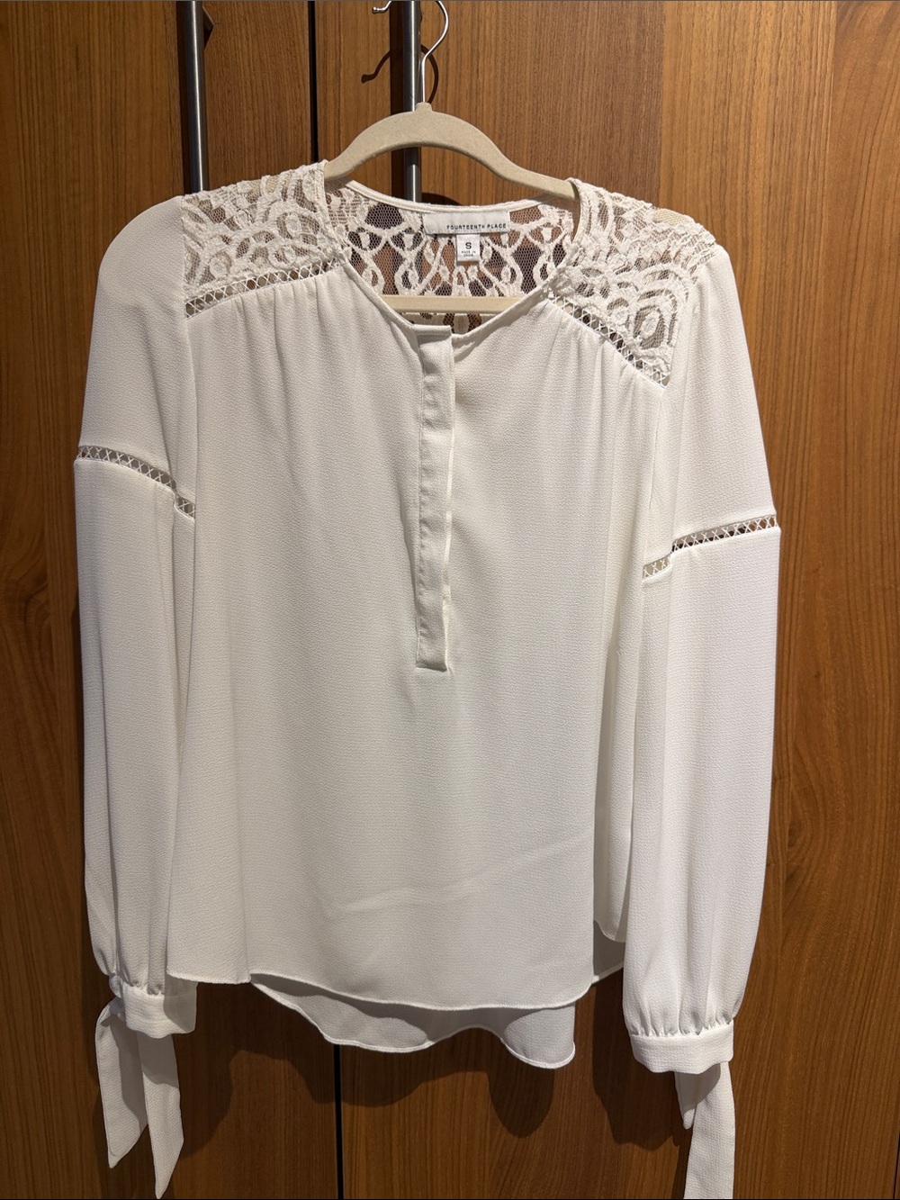 Forever New Cream Lace-Yoke Long Sleeve Blouse with Tie Cuffs